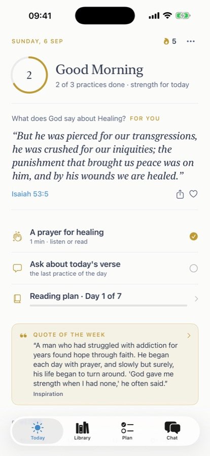 La page Aujourd’hui de l’app Holy Bible, avec le verset et la prière du jour